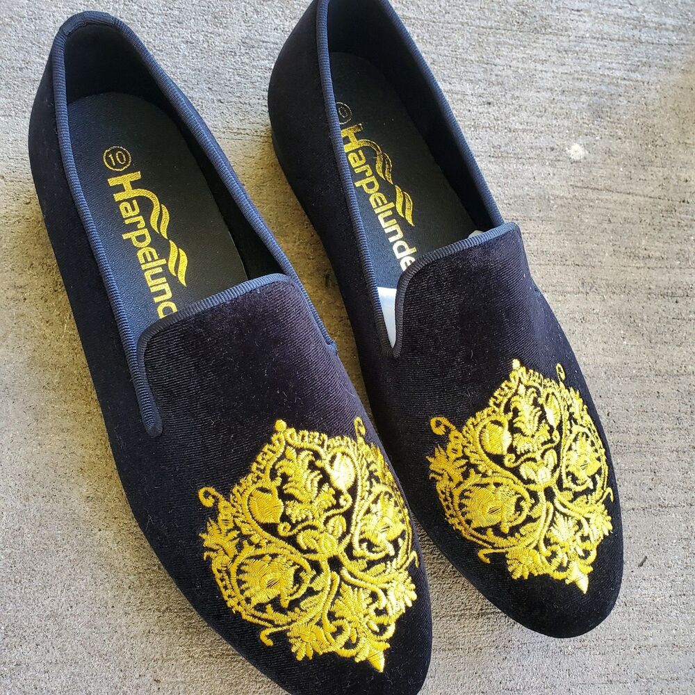 Harpelunde Men Moccasins Embroidered Velvet Loafers Smoking Slippers Size 10